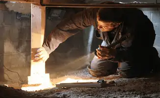 A professional inspecting wooden beams under the floor of a structure in Lowell, MA